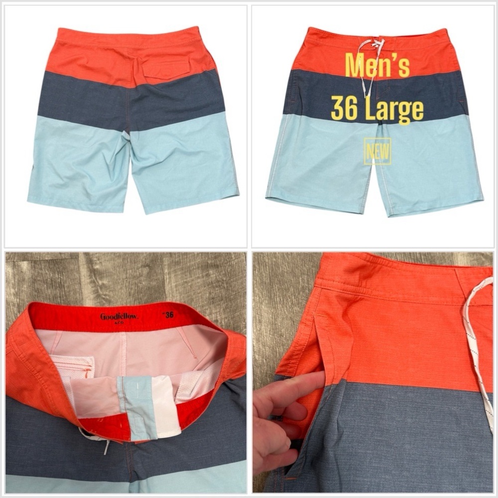 Men's Goodfellow & Co 36 L Large Swim Shorts Trunks Board Hybrid Stripes Red